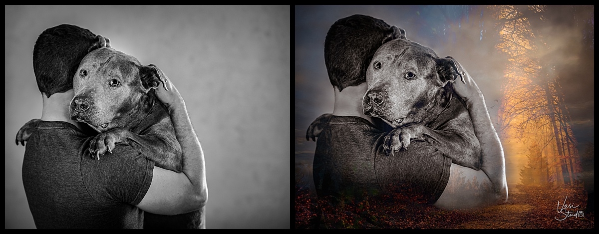Before and after of Fine Art of a men and his doggy..