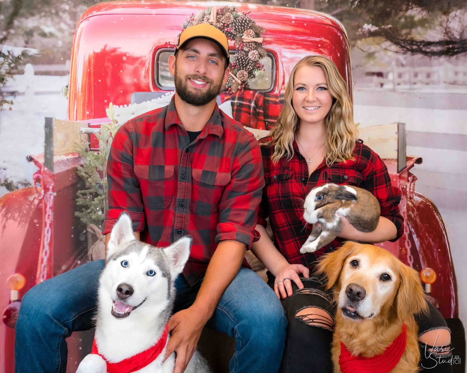 Bunny and Dogs; People and Pets Holiday Portraits